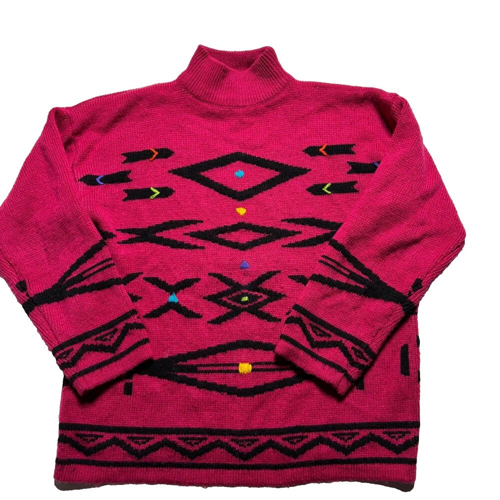 Vintage Retro Vibrant Pink Geometric Turtleneck Sweater 80's 90's